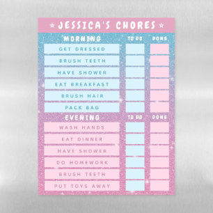 Cute Girly Pink Blue Glitter Kids Daily Chores  Magnetic Dry Erase Sheet