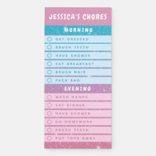 Cute Girly Pink Blue Glitter Kids Daily Chores  Magnetic Notepad