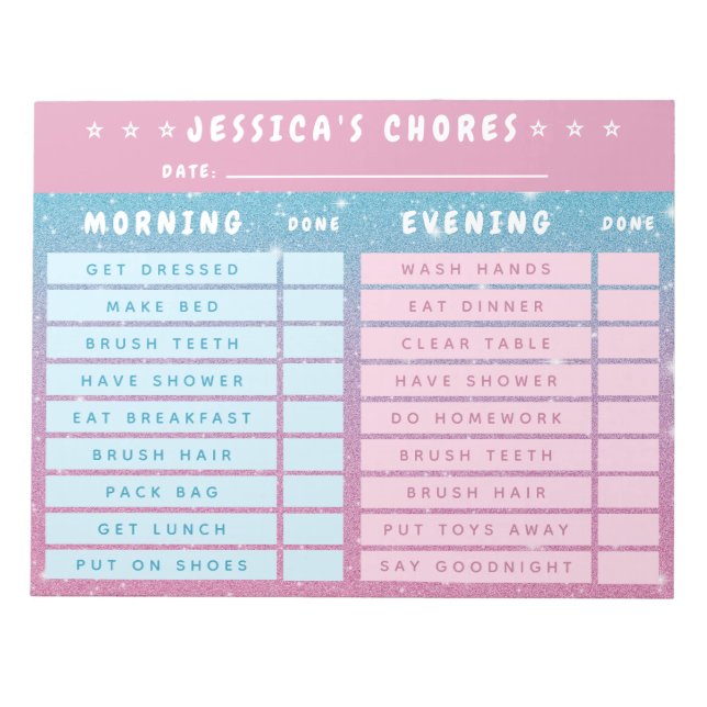 Cute Girly Pink Blue Glitter Kids Daily Chores Notepad (Front)
