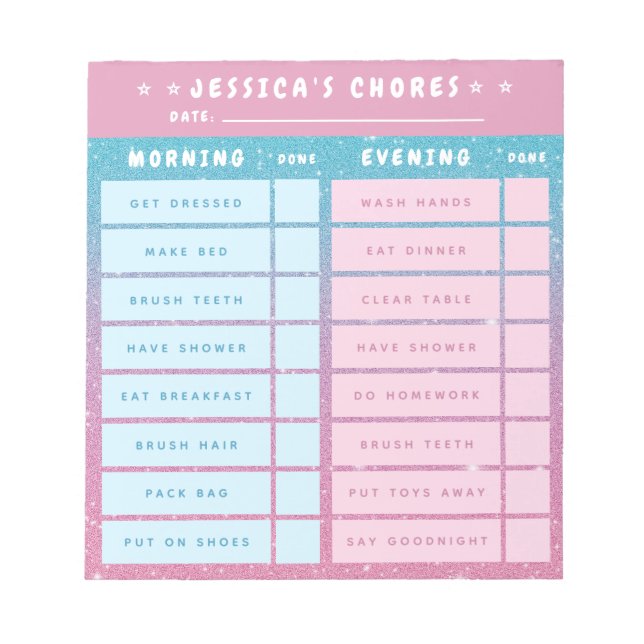 Cute Girly Pink Blue Glitter Kids Daily Chores Notepad (Front)