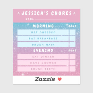 Cute Girly Pink Blue Glitter Kids Daily Chores Sticker