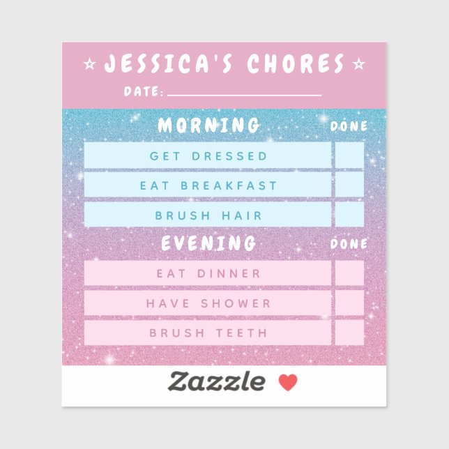 Cute Girly Pink Blue Glitter Kids Daily Chores Sticker (Sheet)