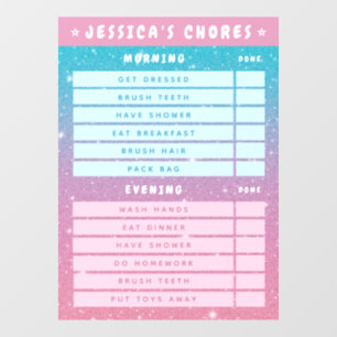 Cute Girly Pink Blue Glitter Kids Daily Chores Window Cling