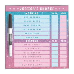 Cute Girly Pink Blue Glitter Kids Daily Task Dry Erase Board