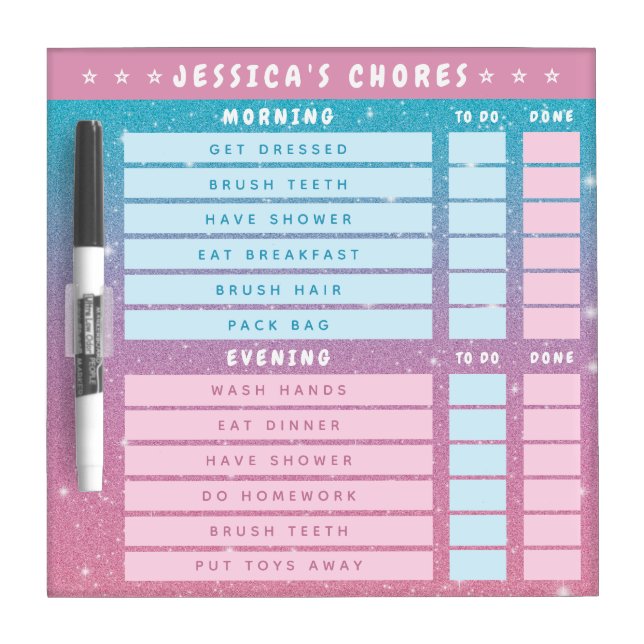 Cute Girly Pink Blue Glitter Kids Daily Task Dry Erase Board (Front)