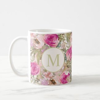 Cute Girly Pink Blush Floral Green Leaves Monogram