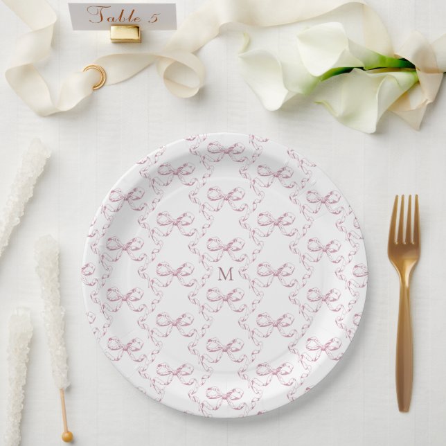 Cute Girly Pink Bow Monogram Paper Plates (Wedding)