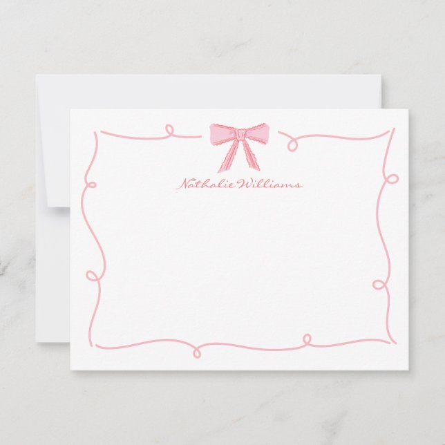 Cute Girly Pink Bow Wavy Border Stationery Note Card (Front)