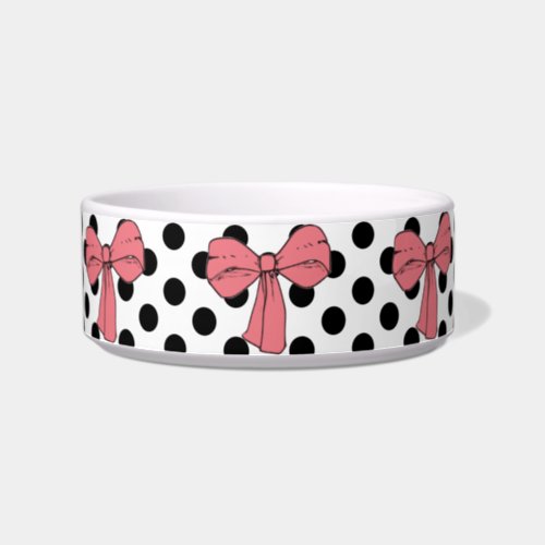 Cute Girly Pink Bows and Black Polkadots on White Bowl
