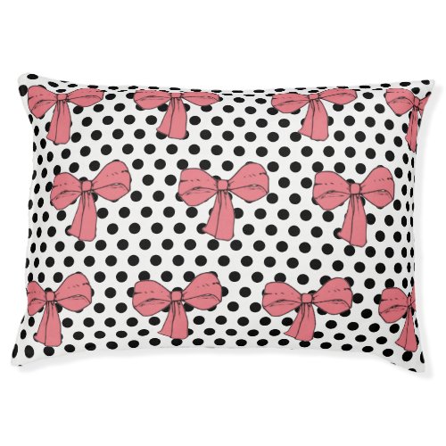 Cute Girly Pink Bows and Black Polkadots on White Pet Bed