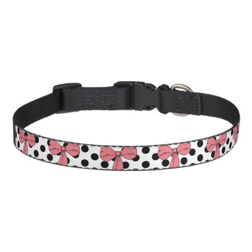 Cute Girly Pink Bows and Black Polkadots on White Pet Collar