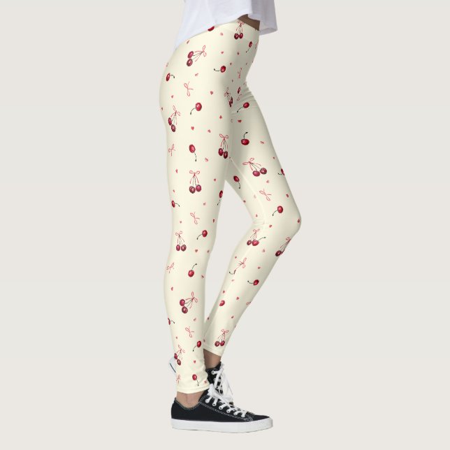 Cute Girly Pink Bows and Cherries on Cream Leggings (Right)