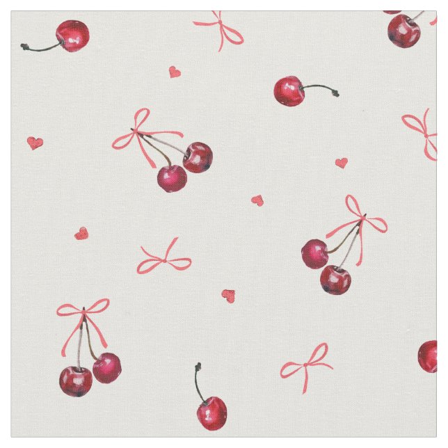 Cute Girly Pink Bows Cherries Hearts Fabric (Close Up)