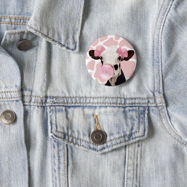 Cute Girly Pink Bubblegum Blowing Cow Button (In Situ)