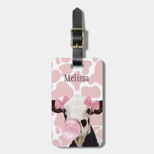 Cute Girly Pink Bubblegum Blowing Cow Luggage Tag