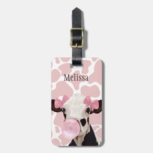 Cute Girly Pink Bubblegum Blowing Cow Luggage Tag (Front Vertical)