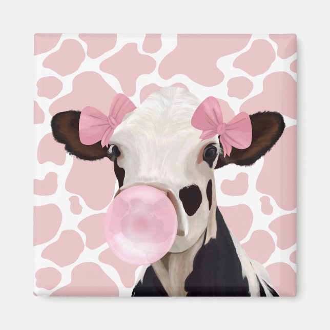 Cute Girly Pink Bubblegum Blowing Cow Magnet (Front)