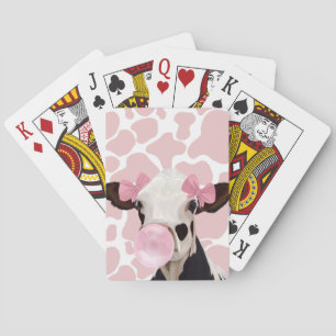 Cute Girly Pink Bubblegum Blowing Cow Poker Cards