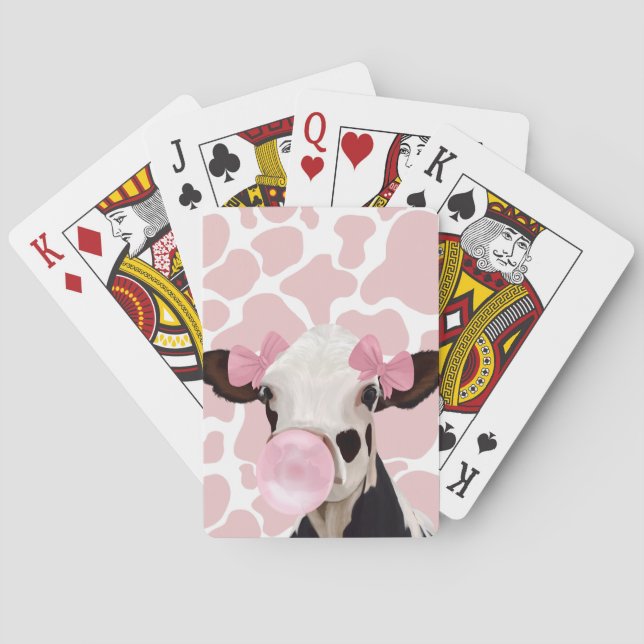 Cute Girly Pink Bubblegum Blowing Cow Poker Cards (Back)