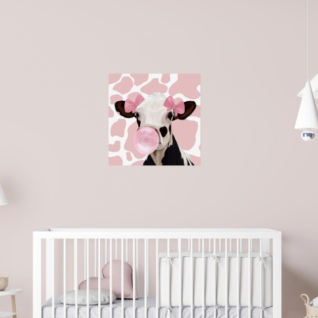 Cute Girly Pink Bubblegum Blowing Cow Poster (Nursery 2)