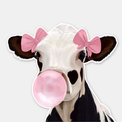 Cute Girly Pink Bubblegum Blowing Cow  Sticker