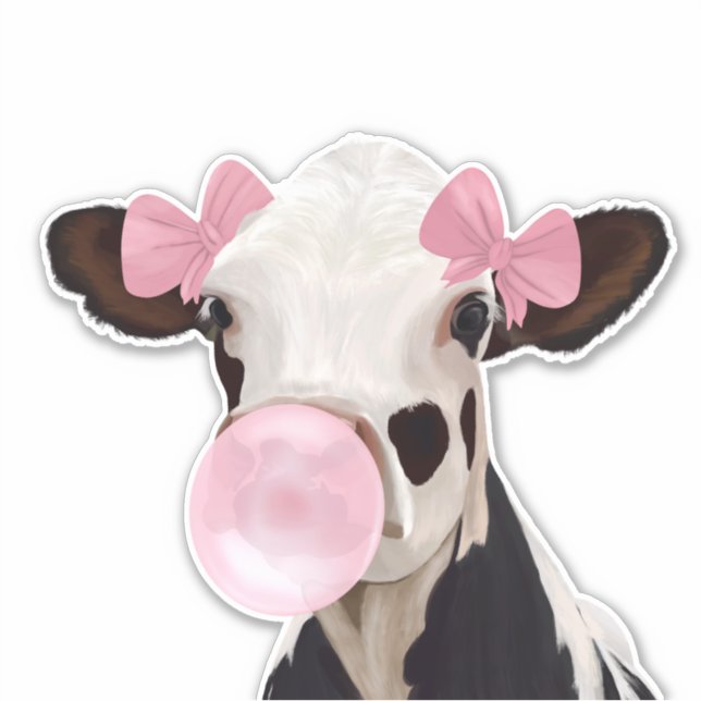 Cute Girly Pink Bubblegum Blowing Cow  Sticker (Front)