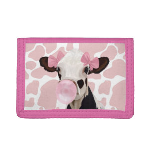 Cute Girly Pink Bubblegum Blowing Cow Tri-fold Wallet
