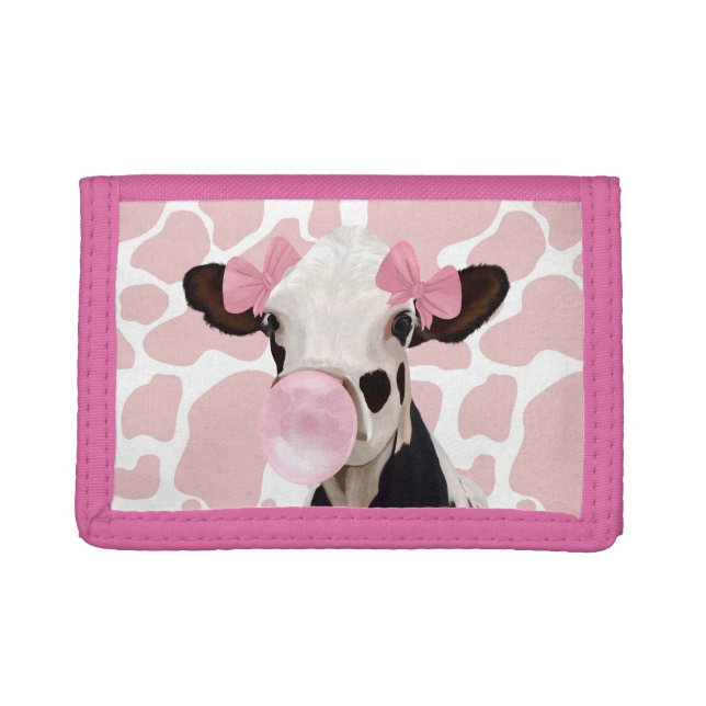 Cute Girly Pink Bubblegum Blowing Cow Trifold Wallet (Front)