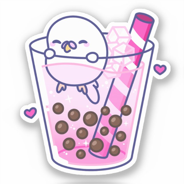 Cute Girly Pink Budgie Boba Bubble Tea Sticker (Front)