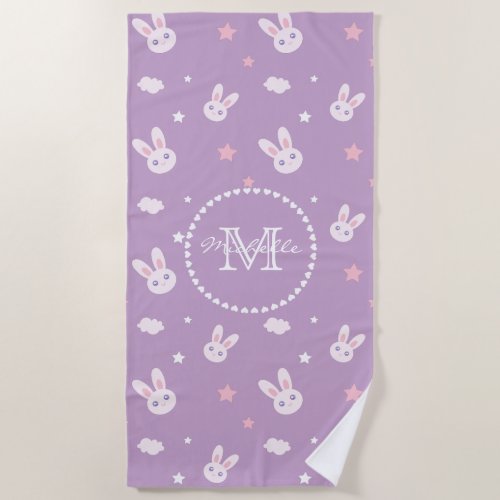 Cute Girly Pink Bunny Rabbit Pastel Name Monogram Beach Towel