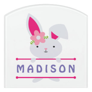 Cute Girly Pink Bunny Rabbit Personalized Name Door Sign