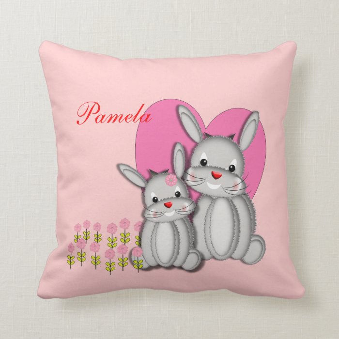 Cute Girly Pink Bunny Rabbits Personalized Name Throw Pillows