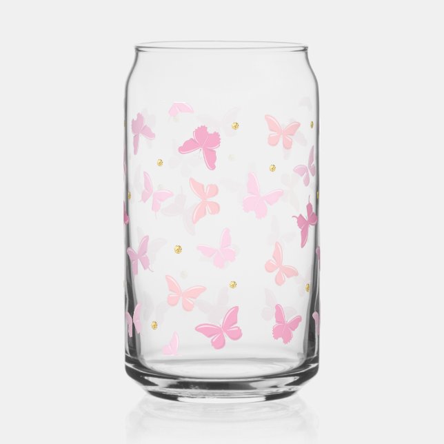 Cute Girly Pink Butterflies Pattern  Can Glass (Front)