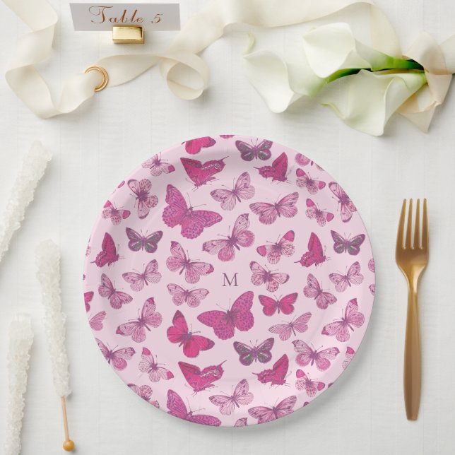 Cute Girly Pink Butterfly Pattern Monogram Paper Plates (Wedding)