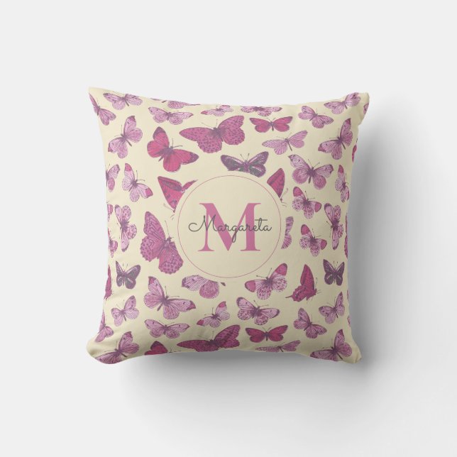 Cute Girly Pink Butterfly Pattern Name Monogram Throw Pillow (Front)