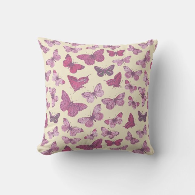 Cute Girly Pink Butterfly Pattern on Beige Throw Pillow (Front)
