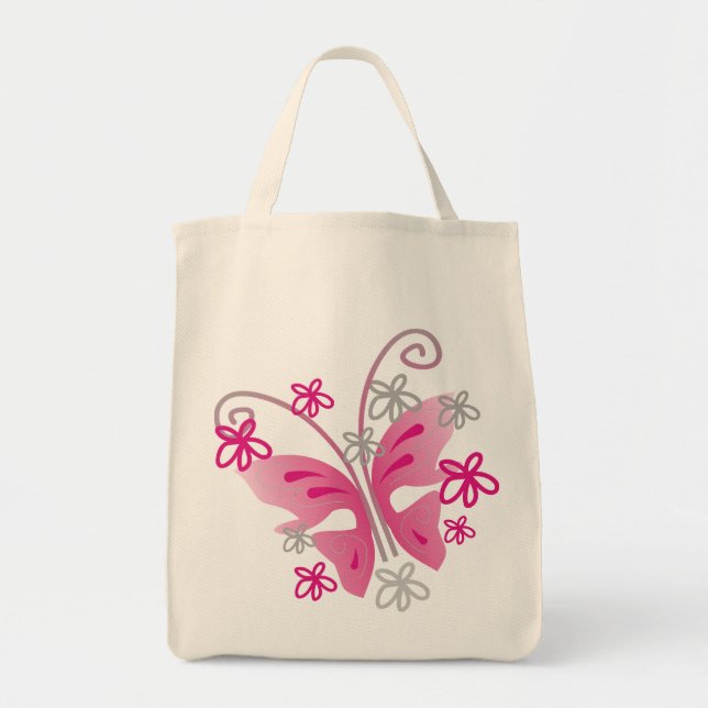 Cute Girly Pink Butterfly Silver Flowers Tote Bag (Front)