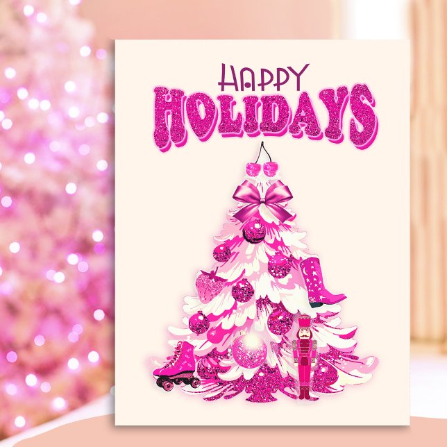Cute Girly Pink Christmas Tree Happy Holidays Postcard (Creator Uploaded)