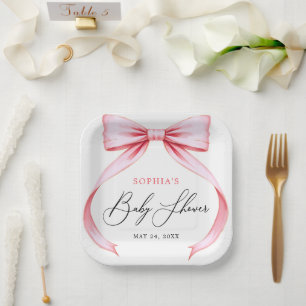 Cute Girly Pink Coquette Bow Baby Shower Paper Plates