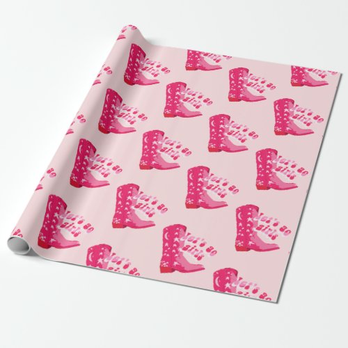 Cute Girly Pink Cowgirl Boot Lets go girls Wrapping Paper