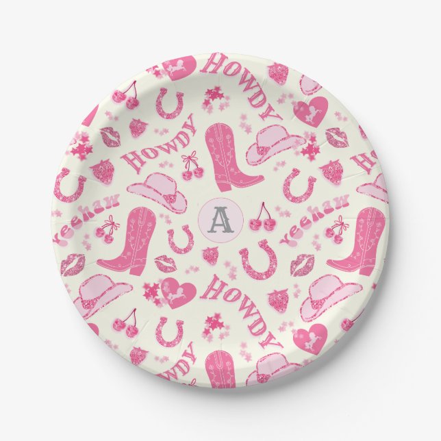 Cute Girly Pink Cowgirl Bows Cherries Monogram Paper Plates (Front)