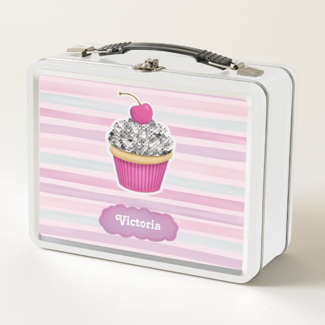 Cute Girly Pink Cupcake Metal Lunch Box (Front)