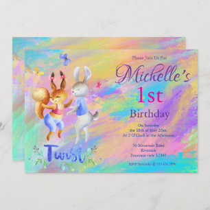 Cute Girly Pink Dancing Rabbits 1st Birthday Party Invitation