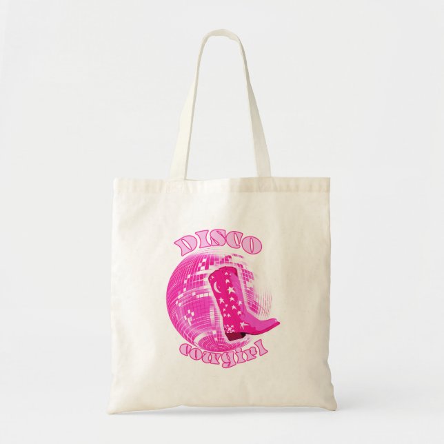 Cute Girly Pink Disco Ball Cowgirl Boot Tote Bag (Front)