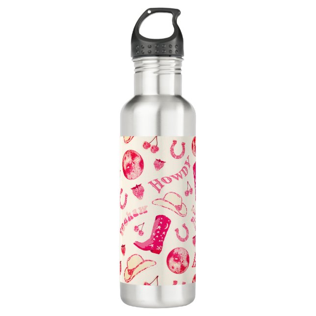 Cute Girly Pink Disco Cowgirl Aesthetic Stainless Steel Water Bottle (Front)