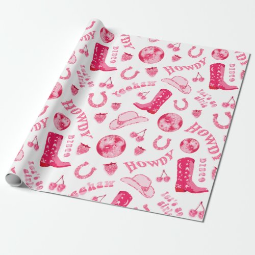 Cute Girly Pink Disco Cowgirl Aesthetic Wrapping Paper