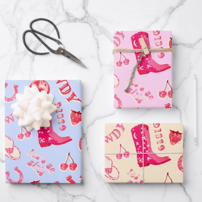 Cute Girly Pink Disco Cowgirl Aesthetic Wrapping Paper Sheets (Front)