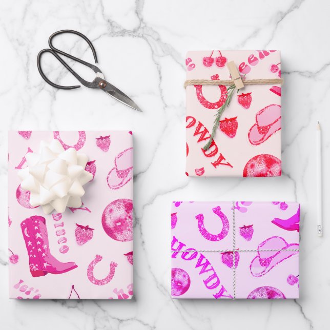 Cute Girly Pink Disco Cowgirl Aesthetic Wrapping Paper Sheets (Front)