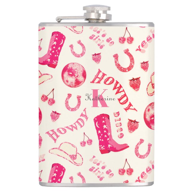 Cute Girly Pink Disco Cowgirl Name Monogram Flask (Front)