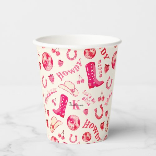 Cute Girly Pink Disco Cowgirl Name Monogram Paper Cups